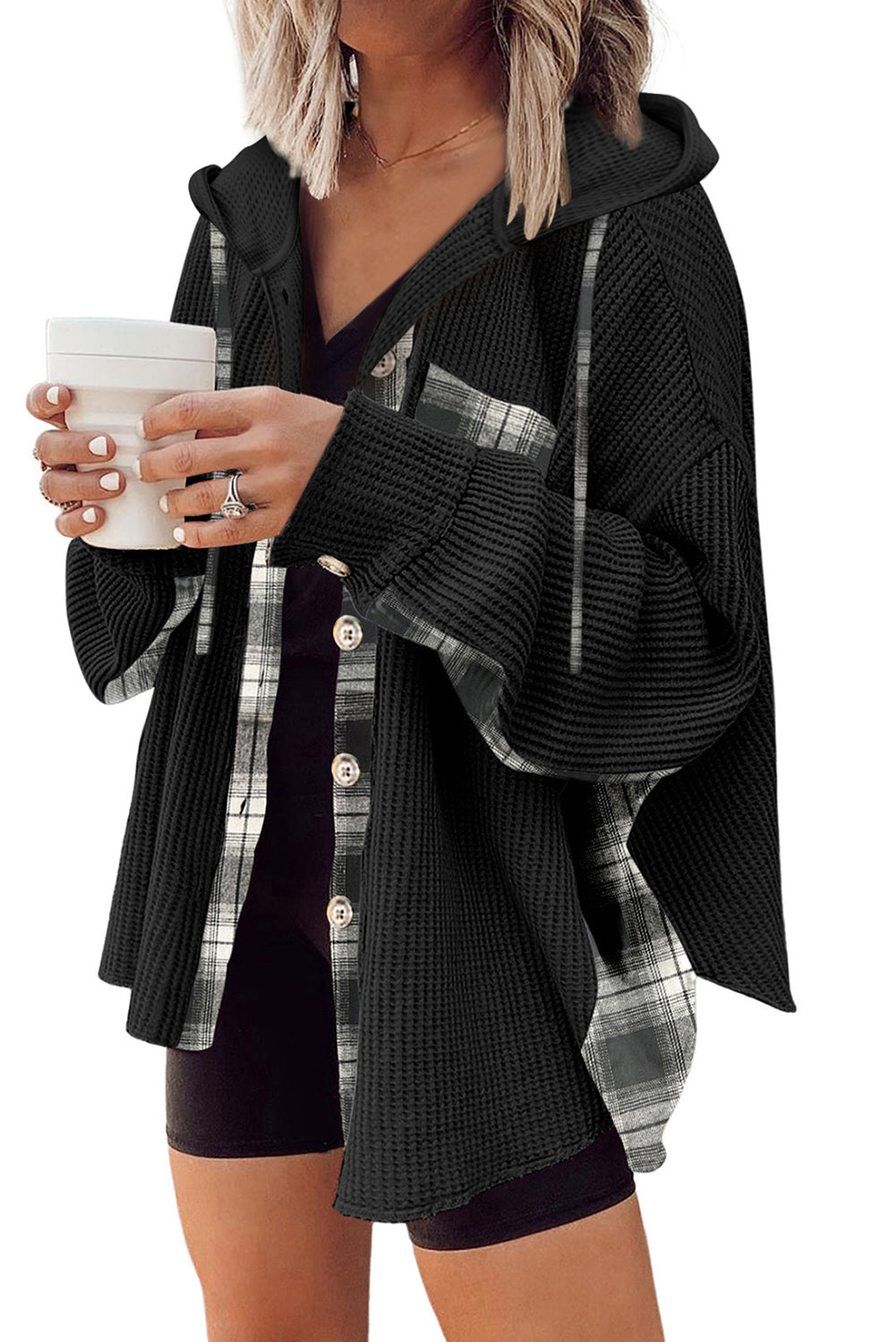 Chaqueta Shacket de Punto Waffle con Capucha y Cordón – Mujer