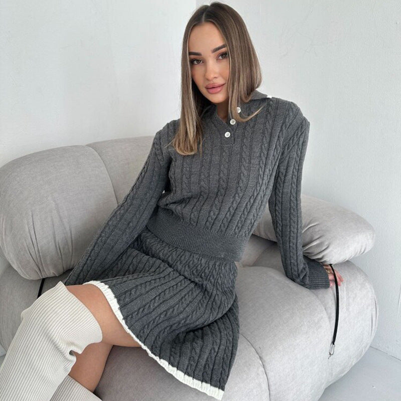 Long Sleeve Knitted Button Sweater Mini Skirt Two-Piece Set Women's Casual Dress Set