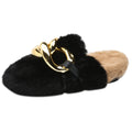 Black Fluffy Flat Slippers for Women Home Brown Fur Gold Metal Chain Flats Round Toe Sandals Casual Fringe Winter Slingback Shoe