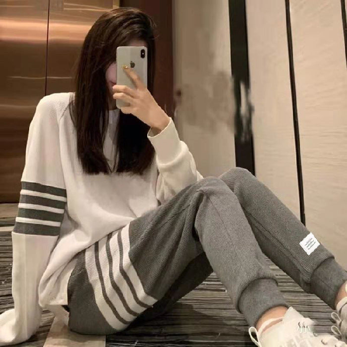 Conjunto Deportivo de Punto Waffle con Pantalón de Rayas – Dos Piezas Mujer