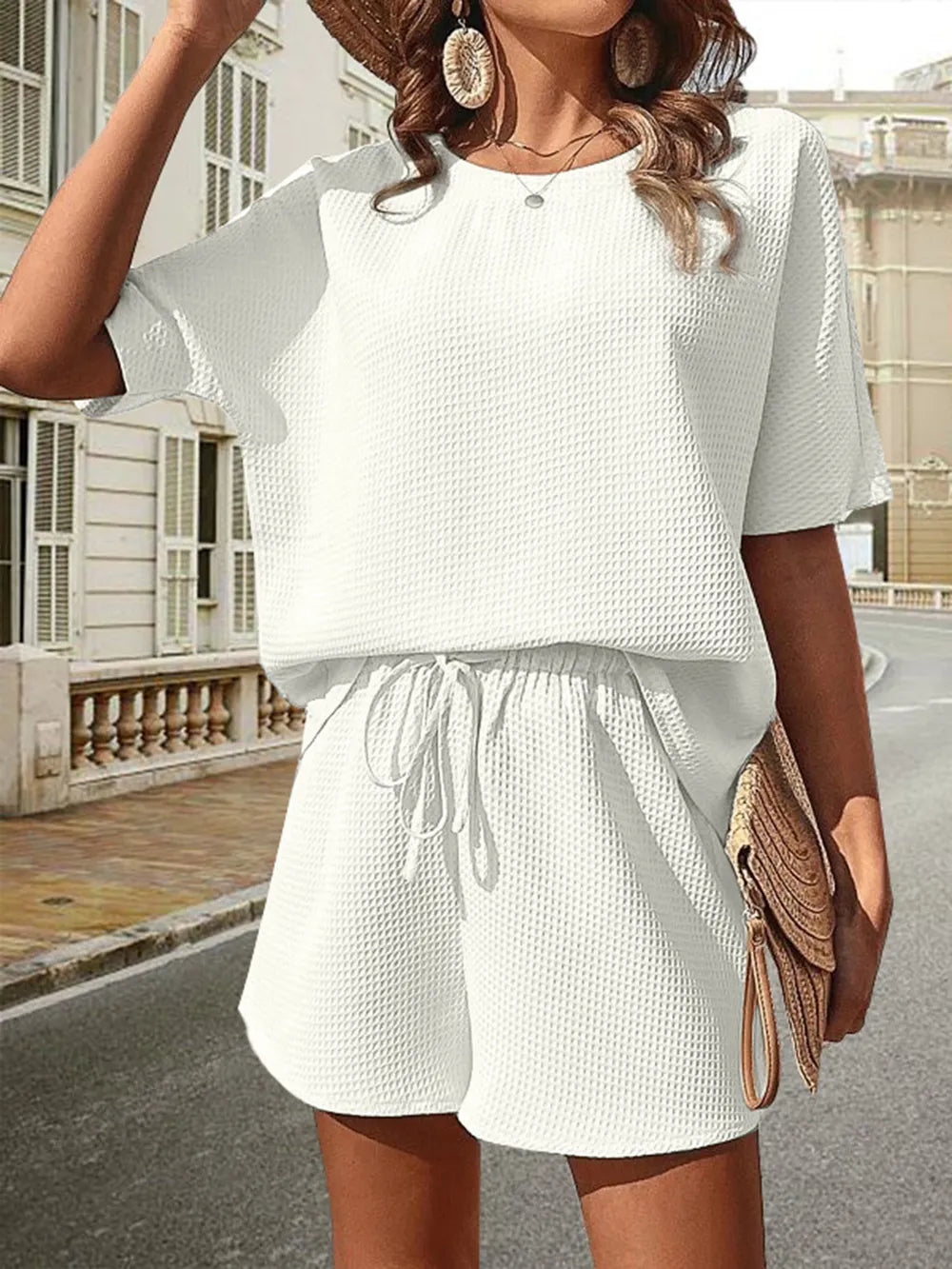 Conjunto de Top de Manga Corta y Shorts de Punto Waffle