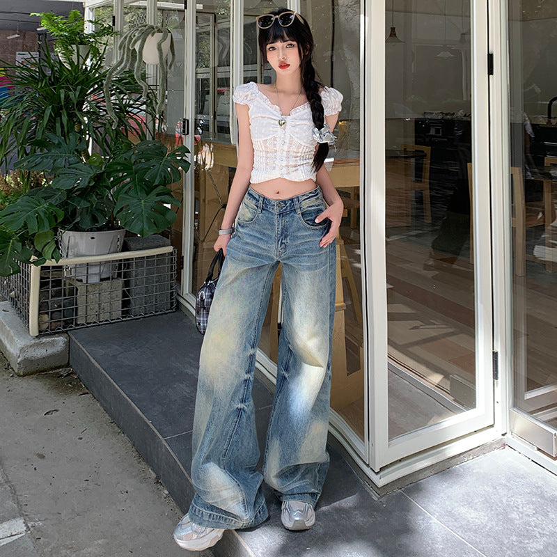 Faded Wash Straight Leg Wide Leg Jeans Pants