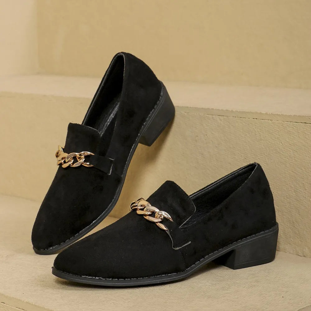 Mocasines de Ante con Punta Fina y Tacón Bloque – Mujer