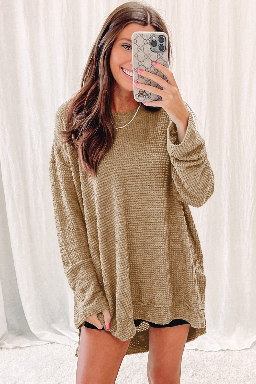 Black Waffle Knit High Slits Oversized Top
