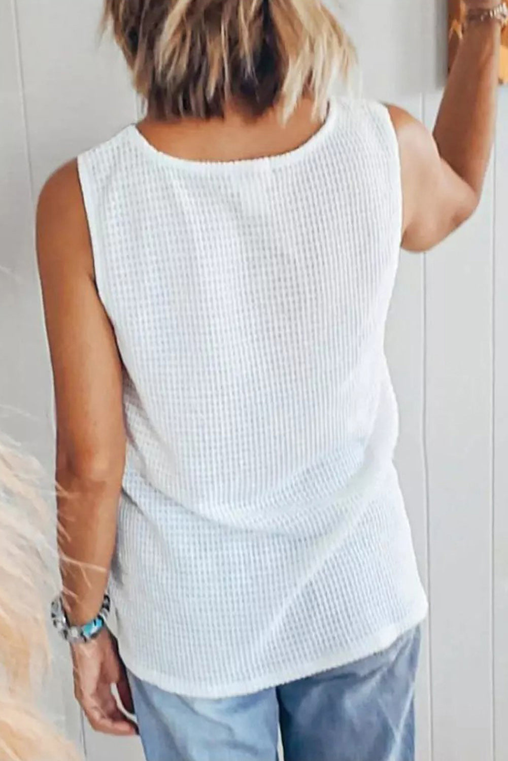 Top Sin Mangas de Punto Waffle con Color Block y Cuello V – Mujer