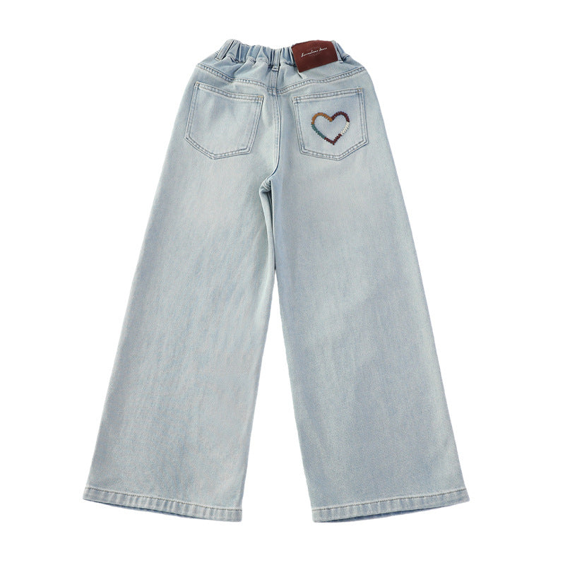Stylish Light Wash Denim Wide Leg Straight Leg Girls' Jeans
