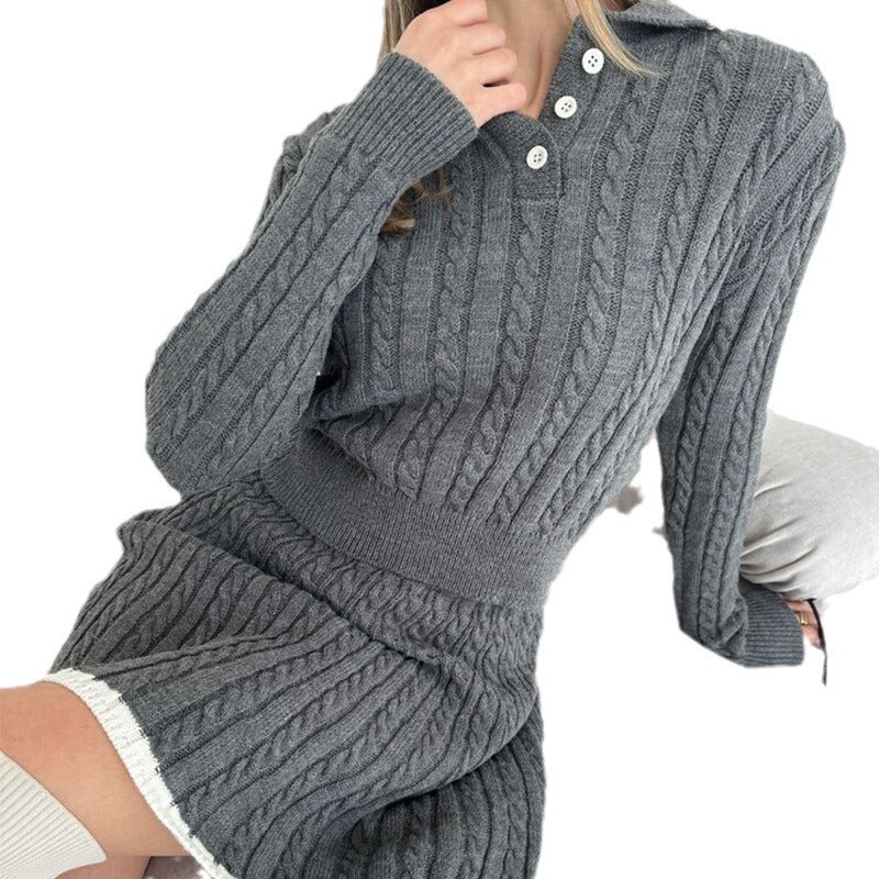 Long Sleeve Knitted Button Sweater Mini Skirt Two-Piece Set Women's Casual Dress Set