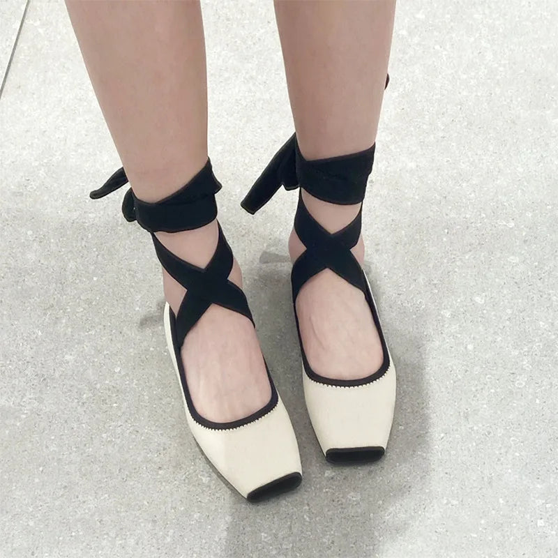 Fashion Classic Ballet Shoes Lace Up Ballet Shoes Women Square Toe Flower Women Flats Elegant Valentine Shoes