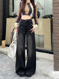 Dark gray high-waisted straight-leg jeans for women, retro slimming loose drape narrow wide-leg pants