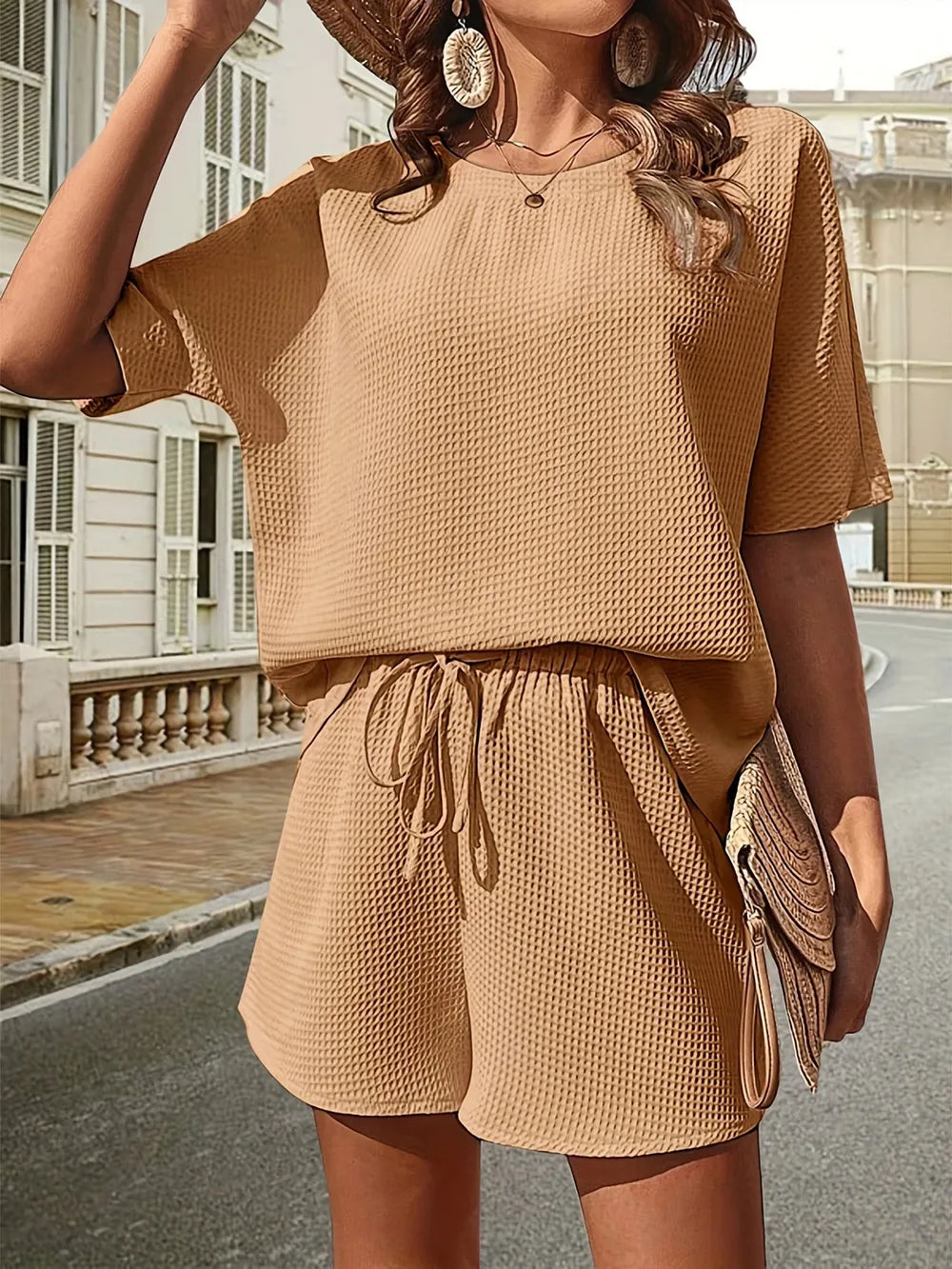 Conjunto de Top de Manga Corta y Shorts de Punto Waffle