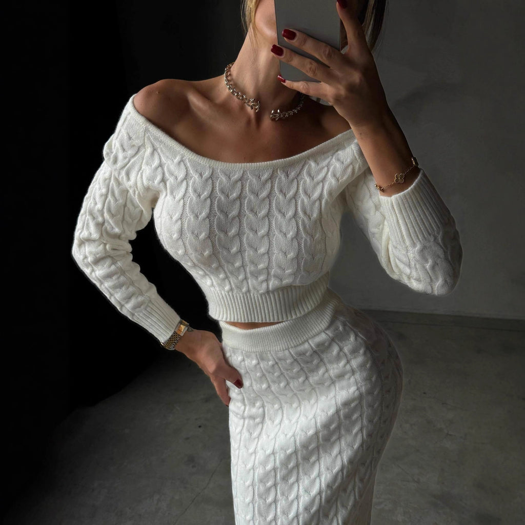 Conjunto de Punto Canelé Crop Top y Falda Larga – Mujer