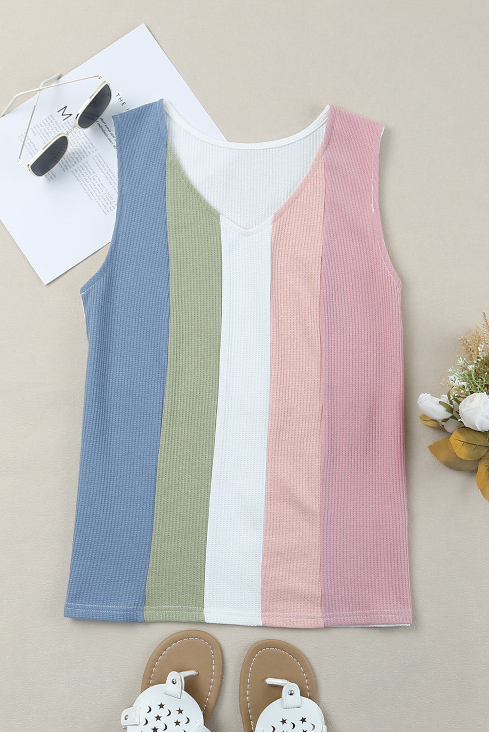 Top Sin Mangas de Punto Waffle con Color Block y Cuello V – Mujer