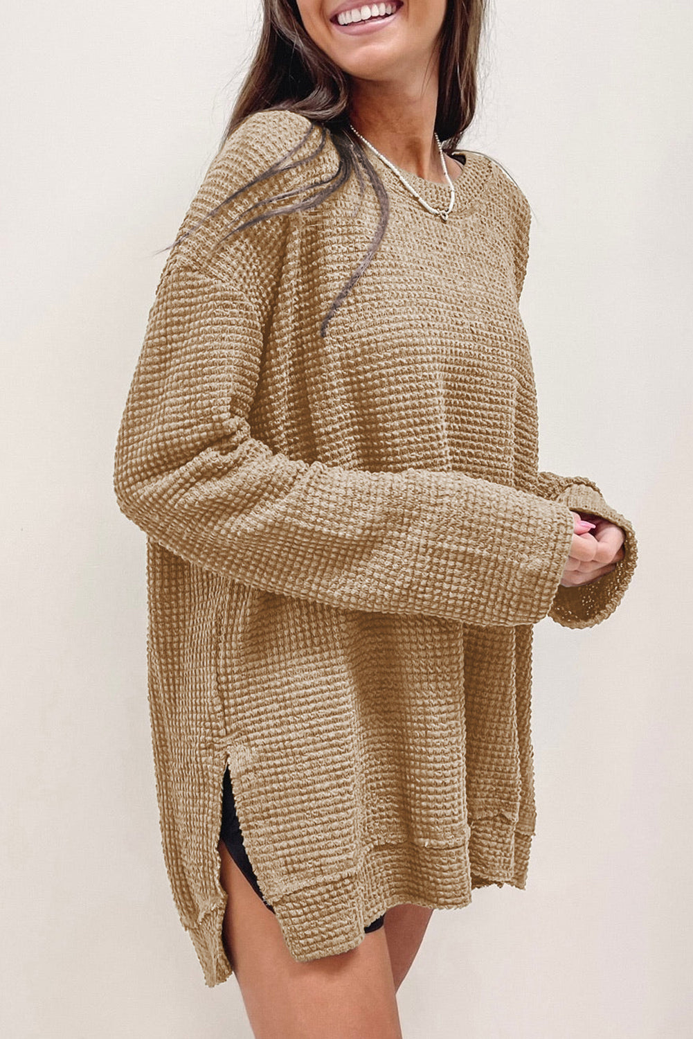 Black Waffle Knit High Slits Oversized Top