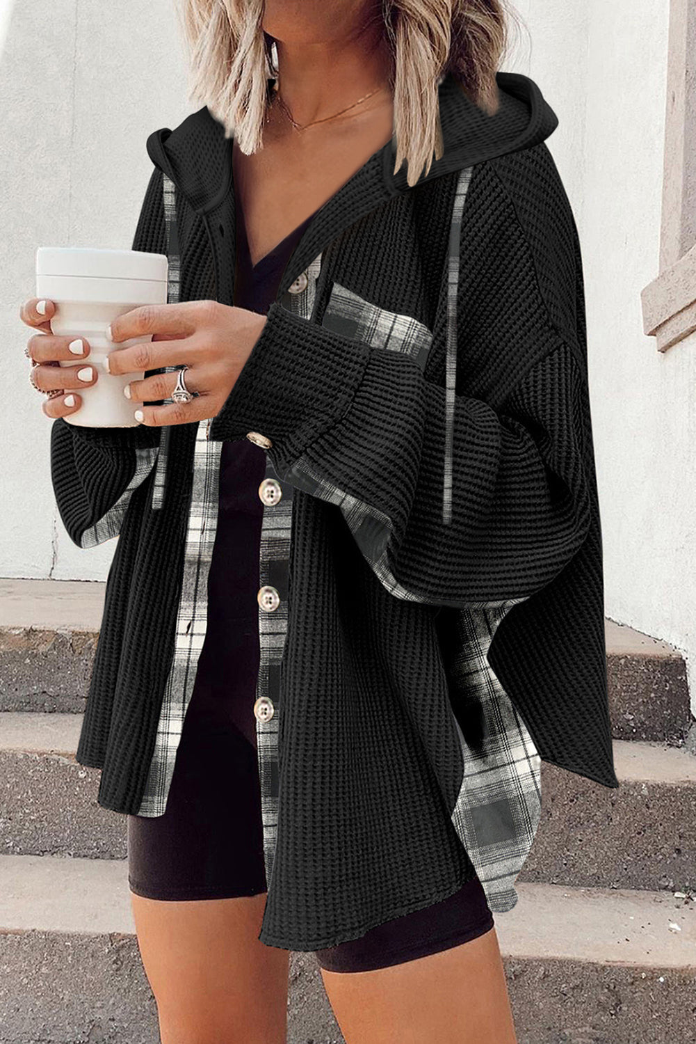 Chaqueta Shacket de Punto Waffle con Capucha y Cordón – Mujer