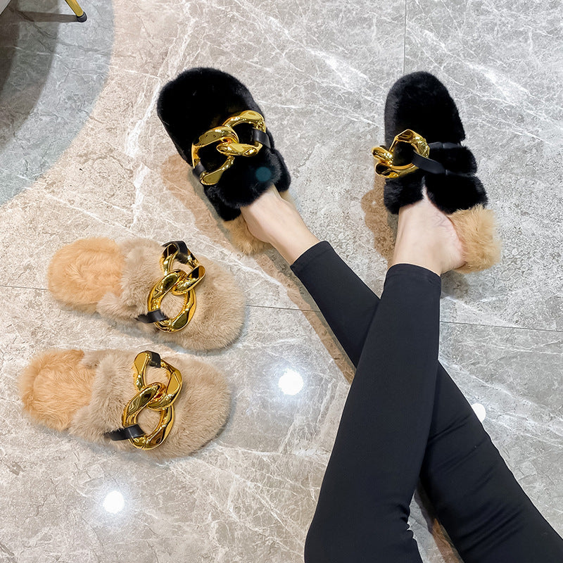 Black Fluffy Flat Slippers for Women Home Brown Fur Gold Metal Chain Flats Round Toe Sandals Casual Fringe Winter Slingback Shoe