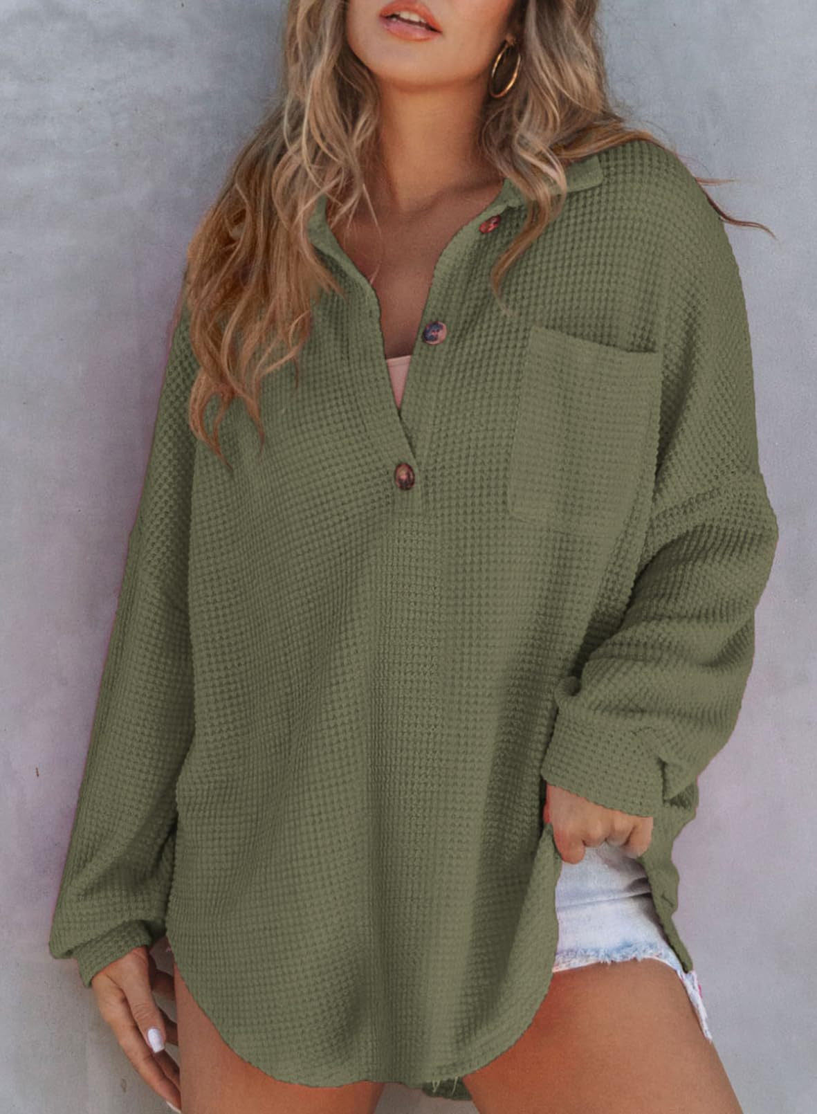 Top de Punto Waffle con Cuello Vuelto y Cinturilla – Mujer
