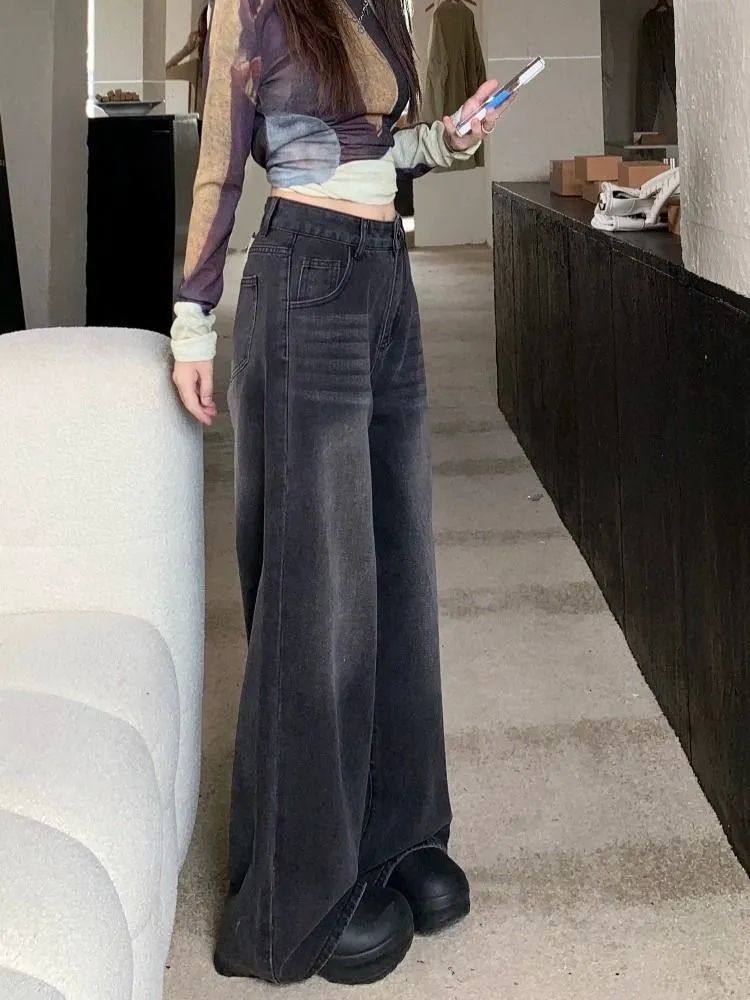 Dark gray high-waisted straight-leg jeans for women, retro slimming loose drape narrow wide-leg pants