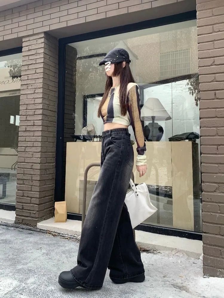 Dark gray high-waisted straight-leg jeans for women, retro slimming loose drape narrow wide-leg pants