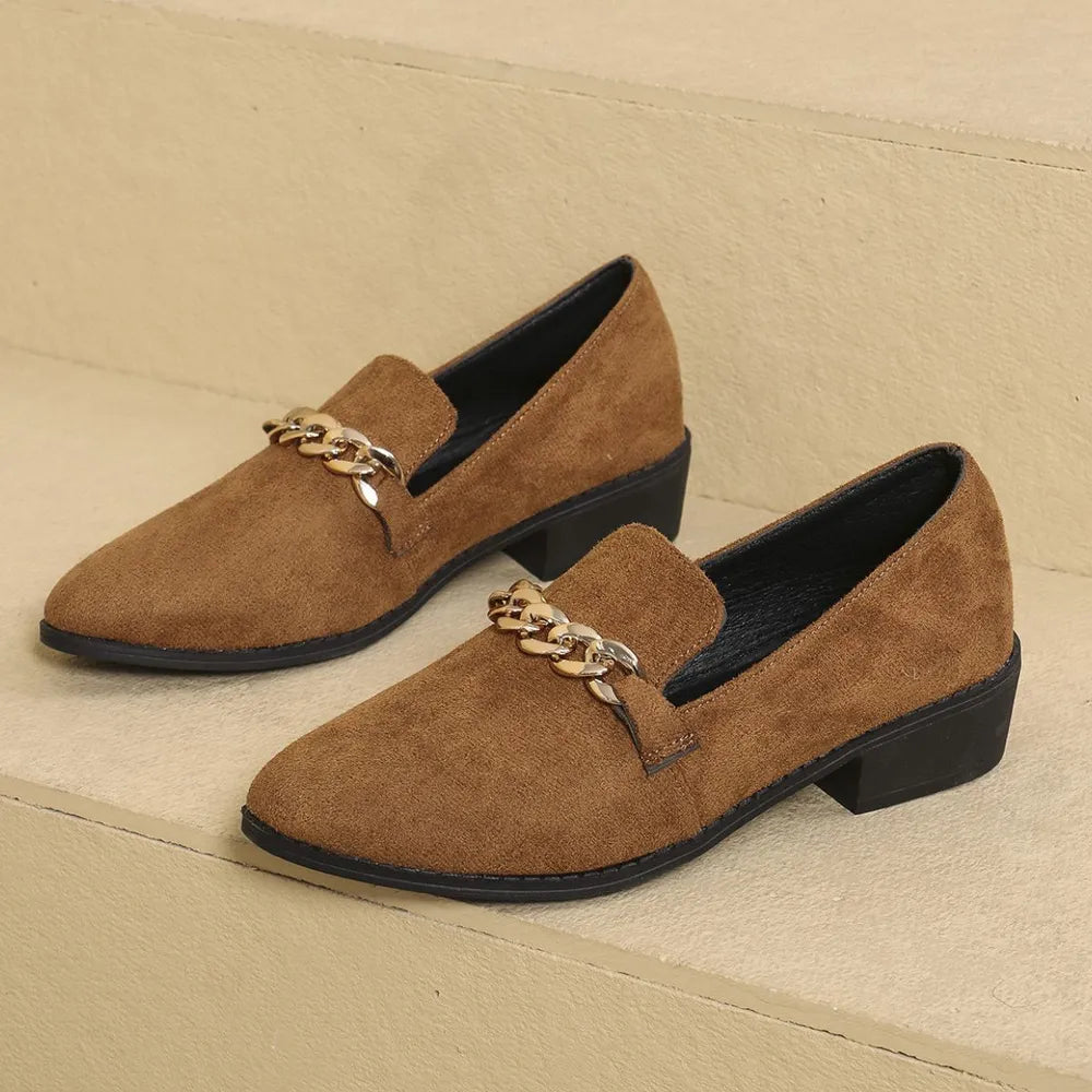 Mocasines de Ante con Punta Fina y Tacón Bloque – Mujer