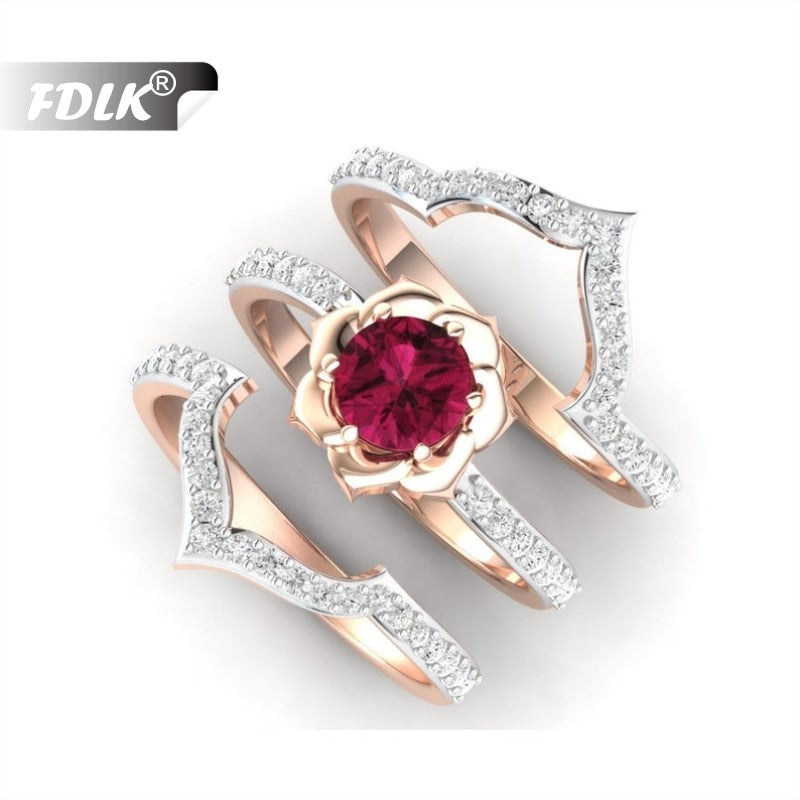 Set de 3 Anillos de Flor Bañados en Oro Rosa – Boda, Compromiso y Aniversario
