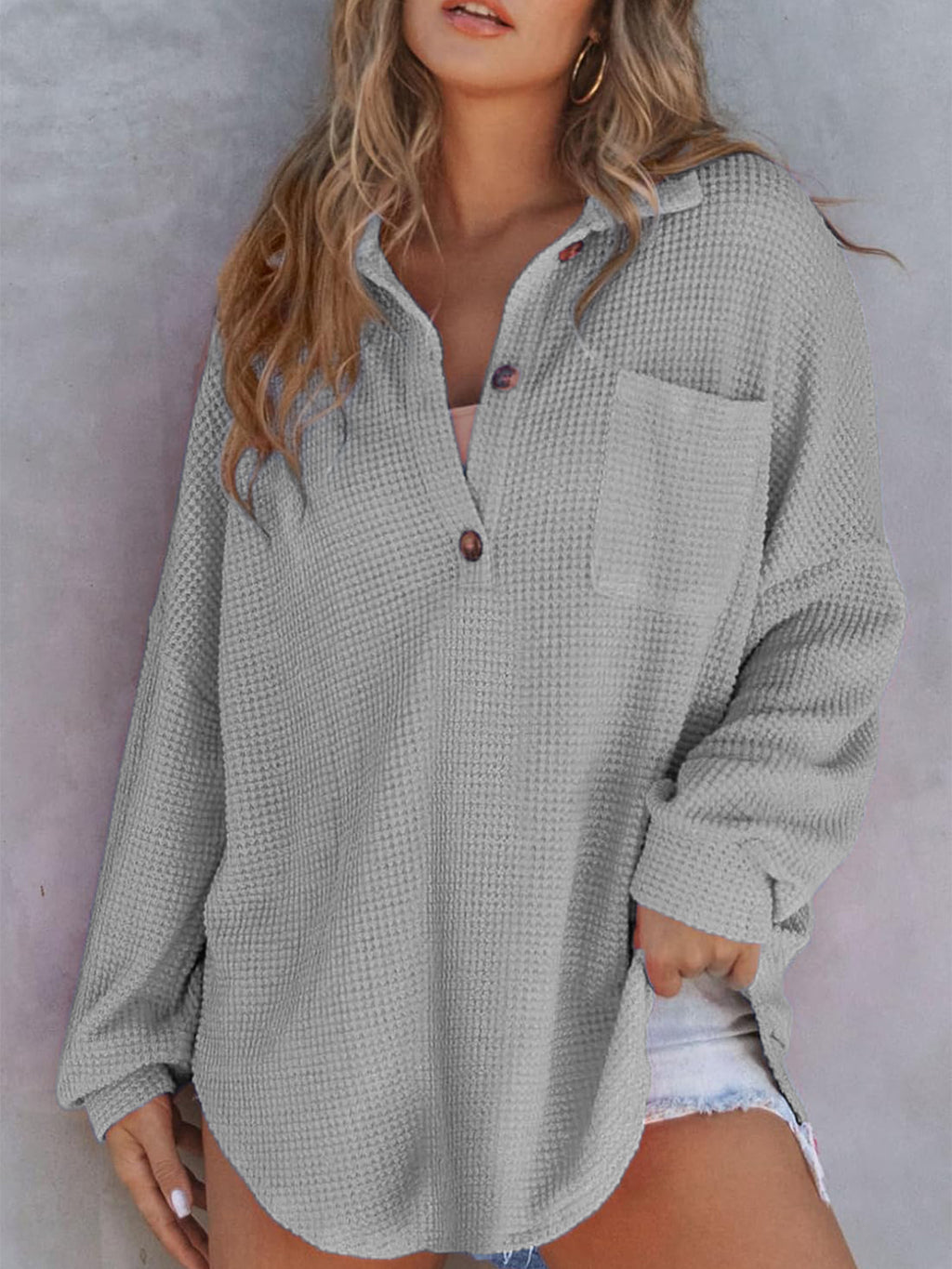 Top de Punto Waffle con Cuello Vuelto y Cinturilla – Mujer