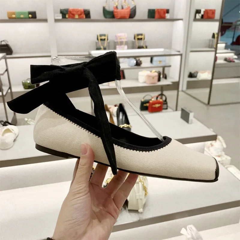 Fashion Classic Ballet Shoes Lace Up Ballet Shoes Women Square Toe Flower Women Flats Elegant Valentine Shoes