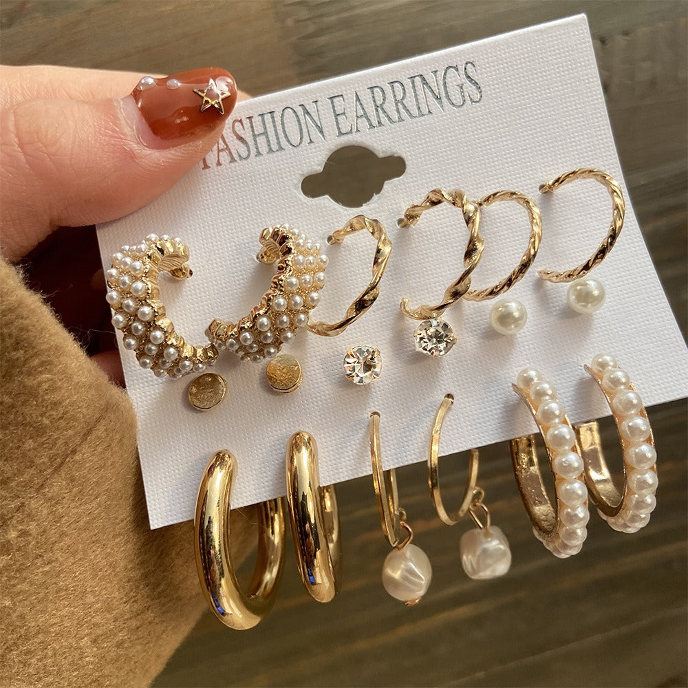 Set de 6 Pendientes Vintage con Perla Incrustada – Estilo Francés Dorado