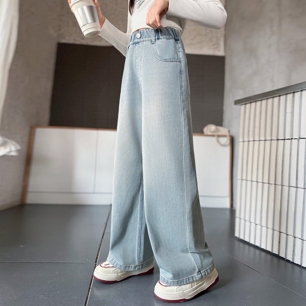 Stylish Light Wash Denim Wide Leg Straight Leg Girls' Jeans
