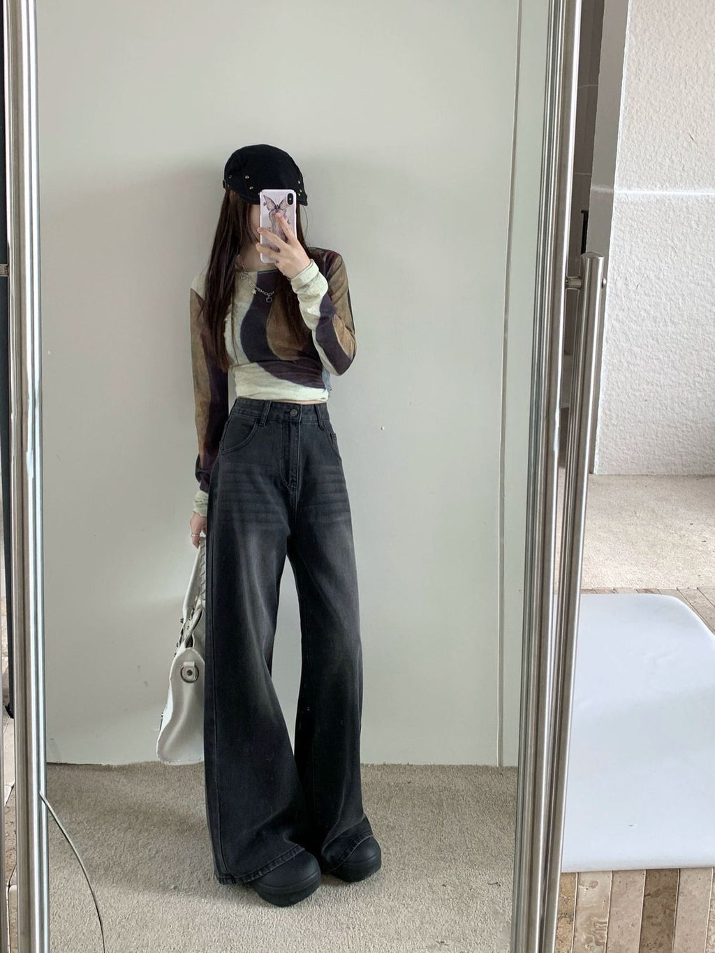 Dark gray high-waisted straight-leg jeans for women, retro slimming loose drape narrow wide-leg pants