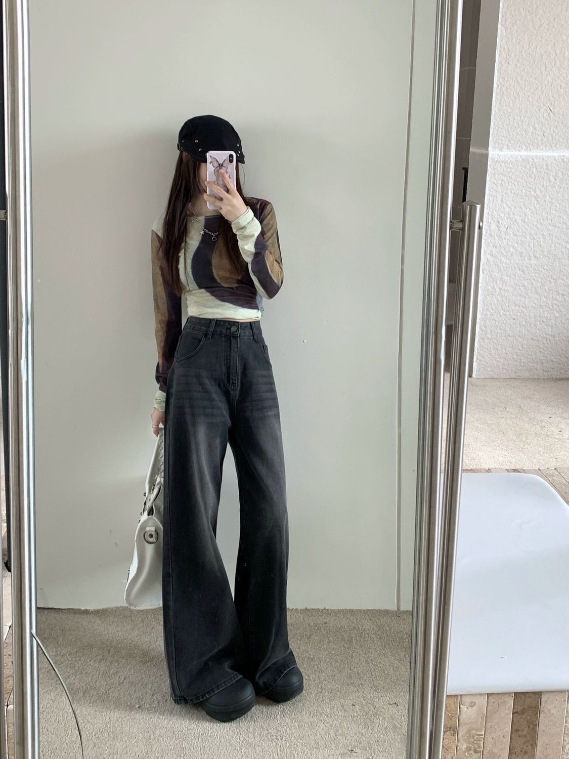 Dark gray high-waisted straight-leg jeans for women, retro slimming loose drape narrow wide-leg pants