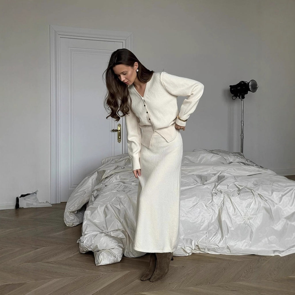 Conjunto de Punto Holgado para Mujer - Cárdigan con Botones Estilo Europeo + Falda Recta