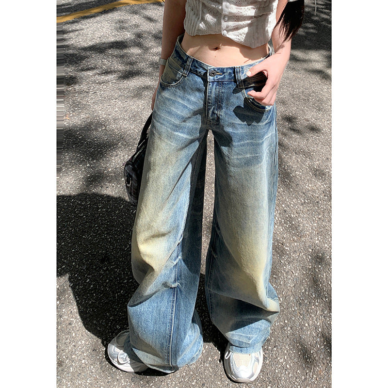 Faded Wash Straight Leg Wide Leg Jeans Pants