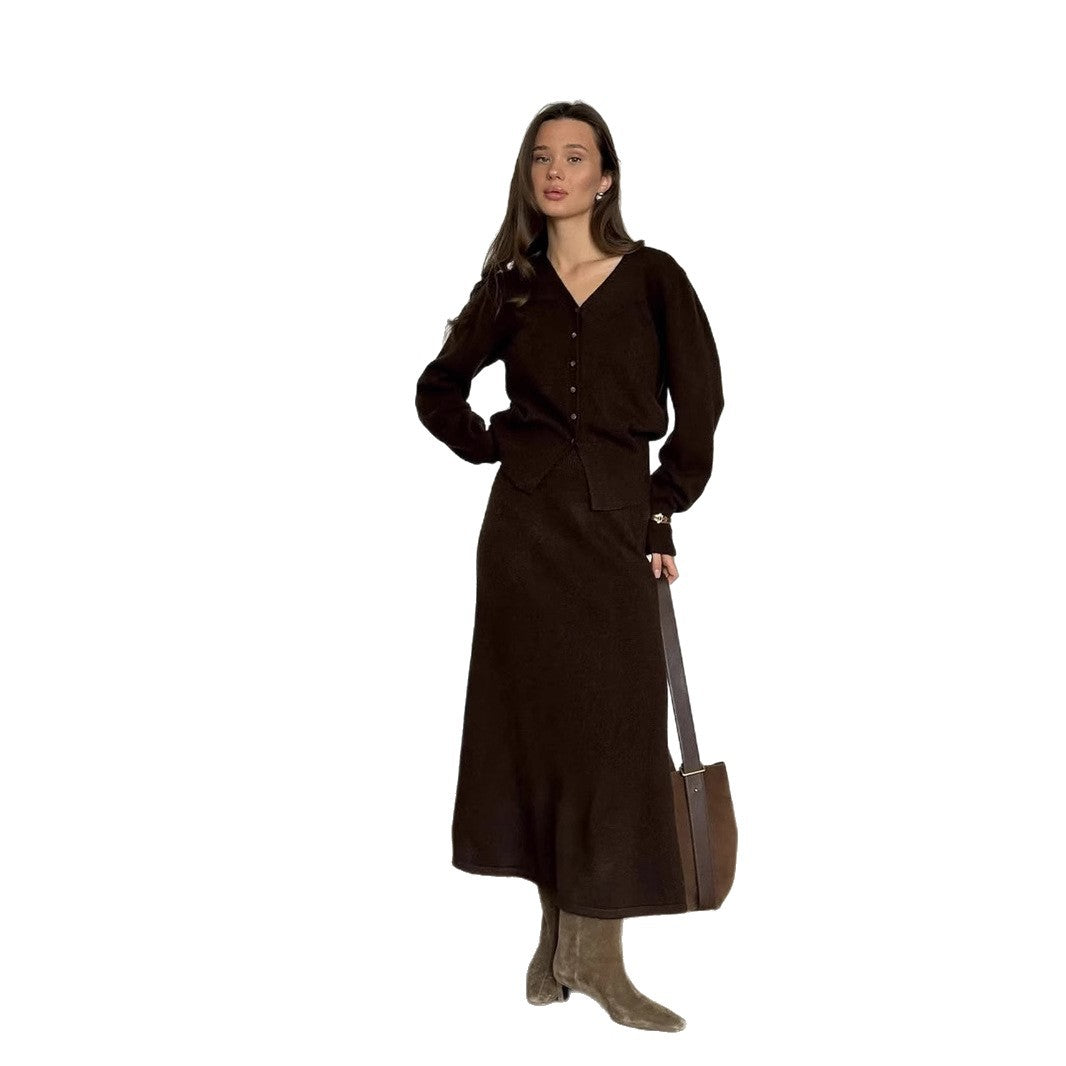 Conjunto de Punto Holgado para Mujer - Cárdigan con Botones Estilo Europeo + Falda Recta