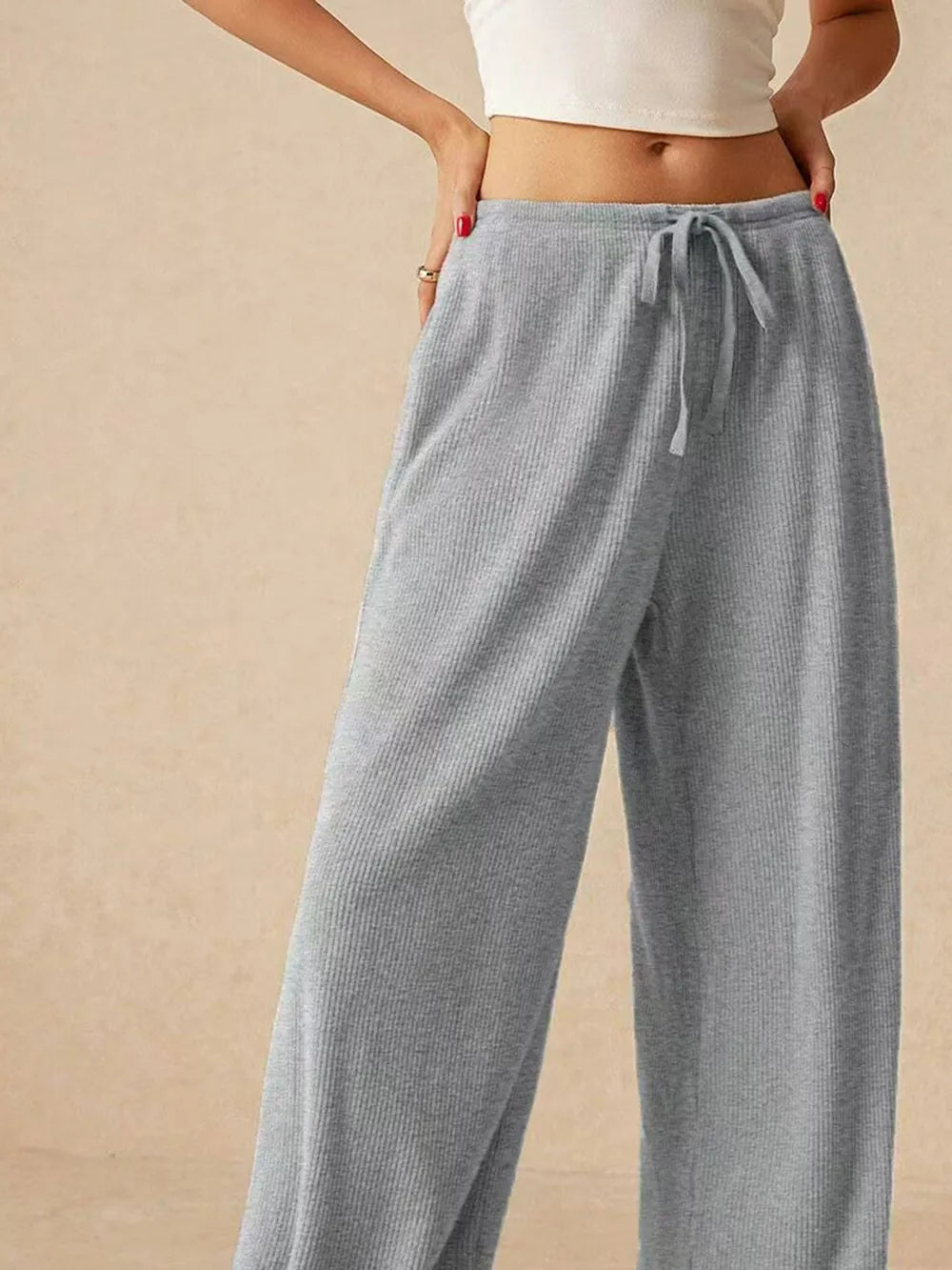 Pantalón de Pata Ancha de Canelé con Cordón y Bolsillos – Mujer