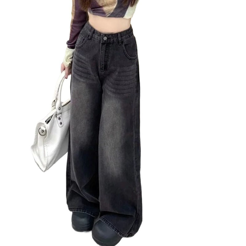 Dark gray high-waisted straight-leg jeans for women, retro slimming loose drape narrow wide-leg pants