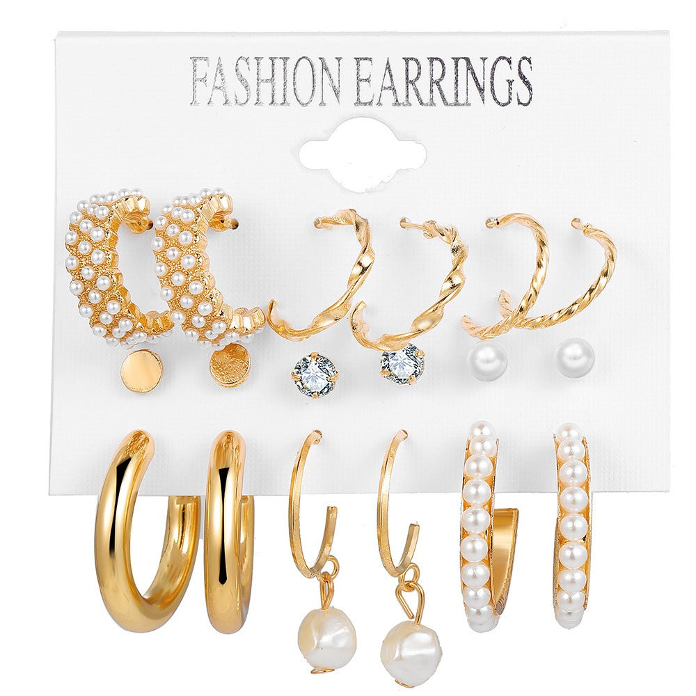 Set de 6 Pendientes Vintage con Perla Incrustada – Estilo Francés Dorado
