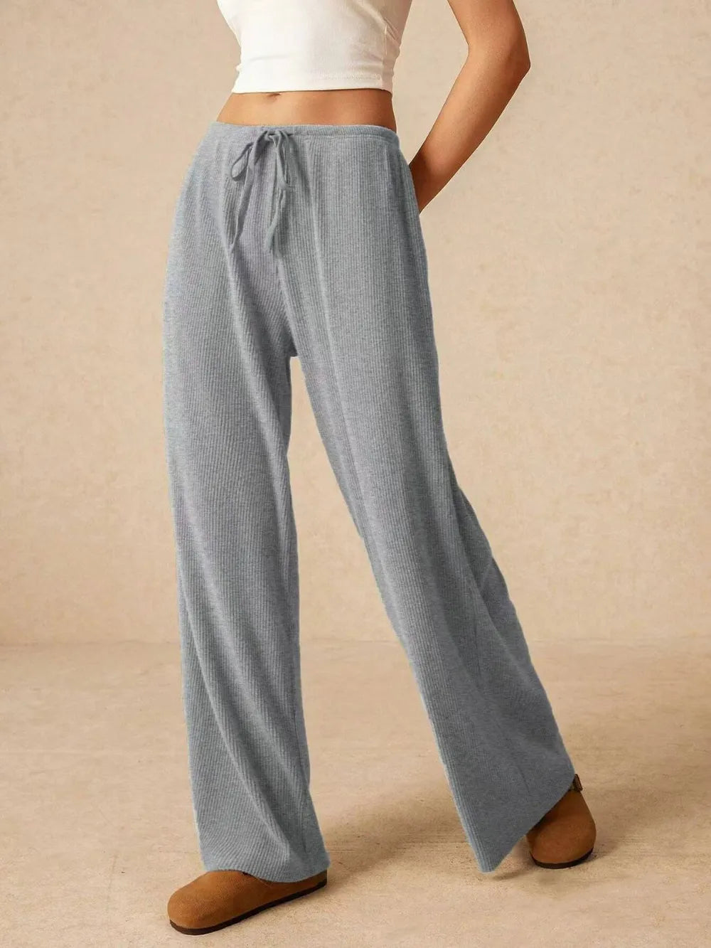 Pantalón de Pata Ancha de Canelé con Cordón y Bolsillos – Mujer