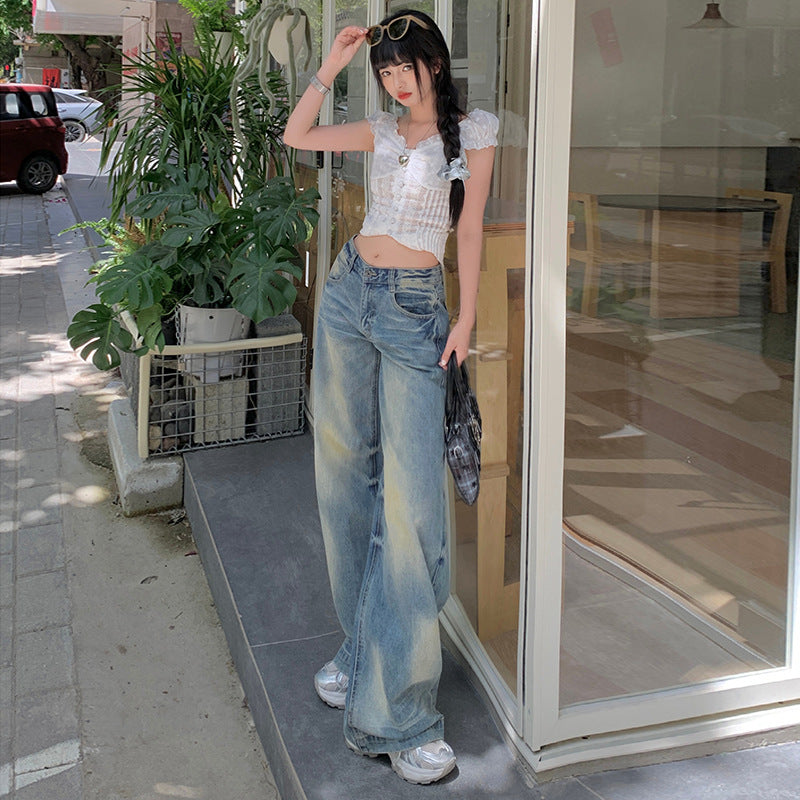 Faded Wash Straight Leg Wide Leg Jeans Pants