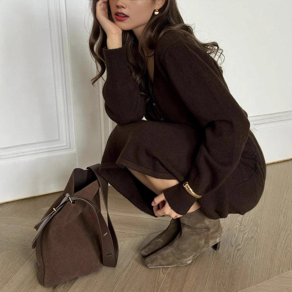Conjunto de Punto Holgado para Mujer - Cárdigan con Botones Estilo Europeo + Falda Recta