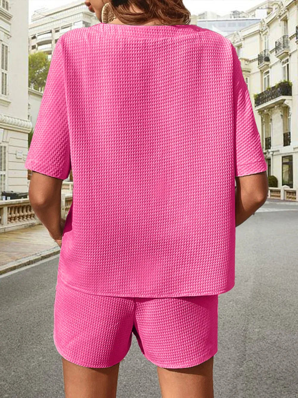 Conjunto de Top de Manga Corta y Shorts de Punto Waffle