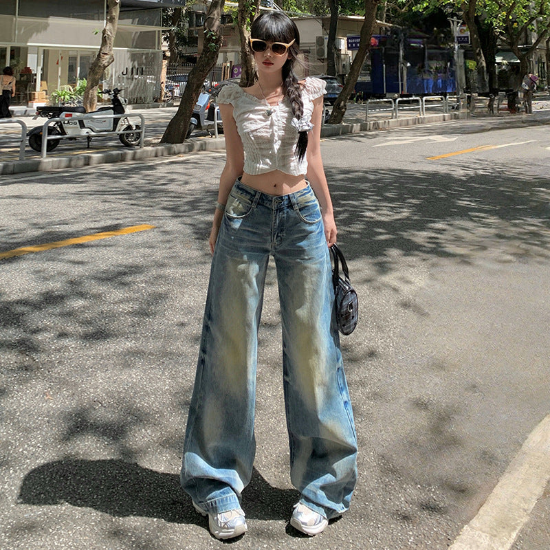 Faded Wash Straight Leg Wide Leg Jeans Pants