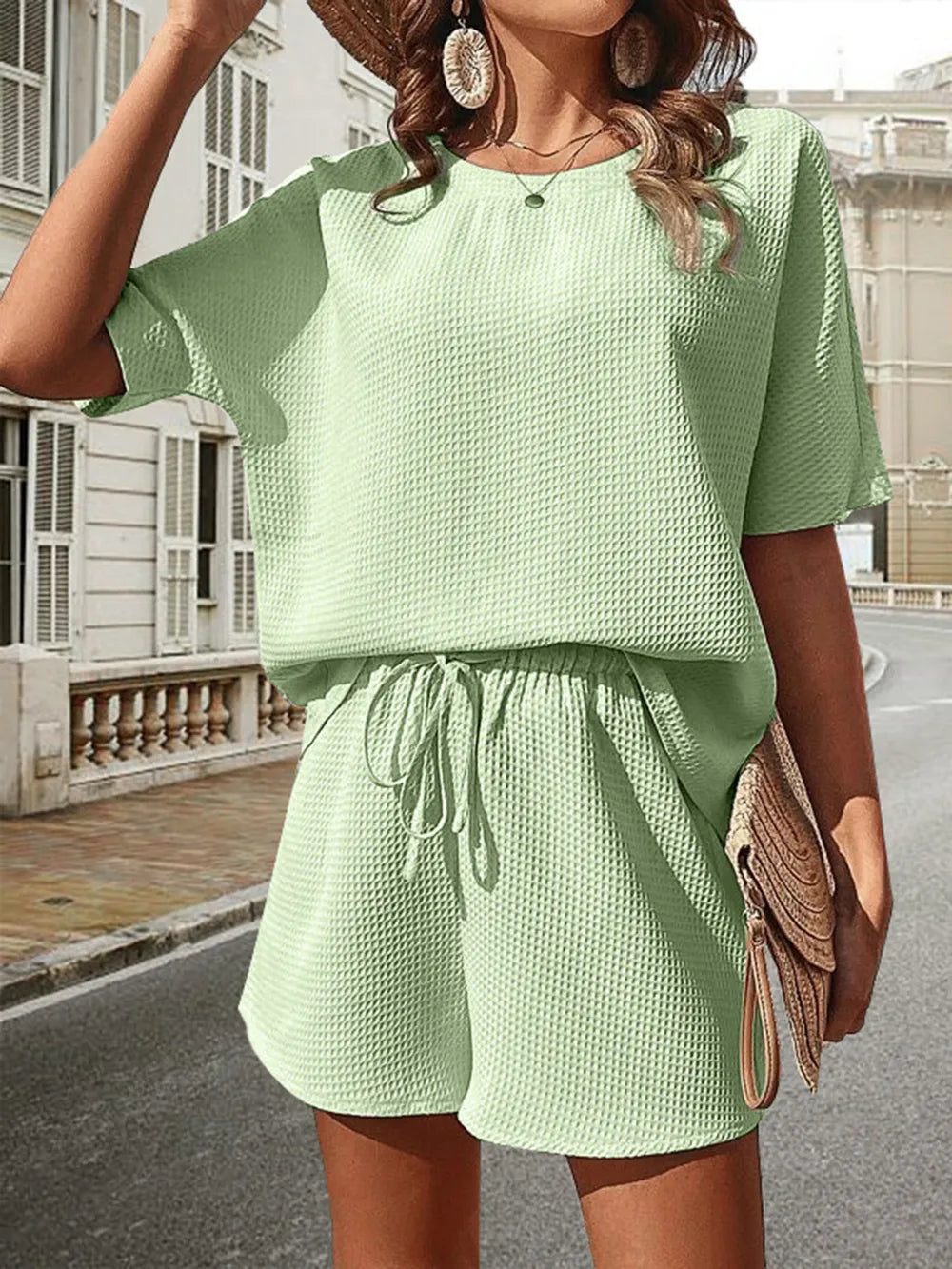 Conjunto de Top de Manga Corta y Shorts de Punto Waffle