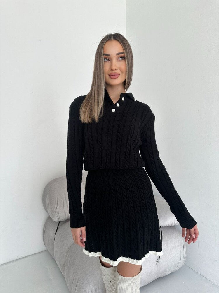 Long Sleeve Knitted Button Sweater Mini Skirt Two-Piece Set Women's Casual Dress Set