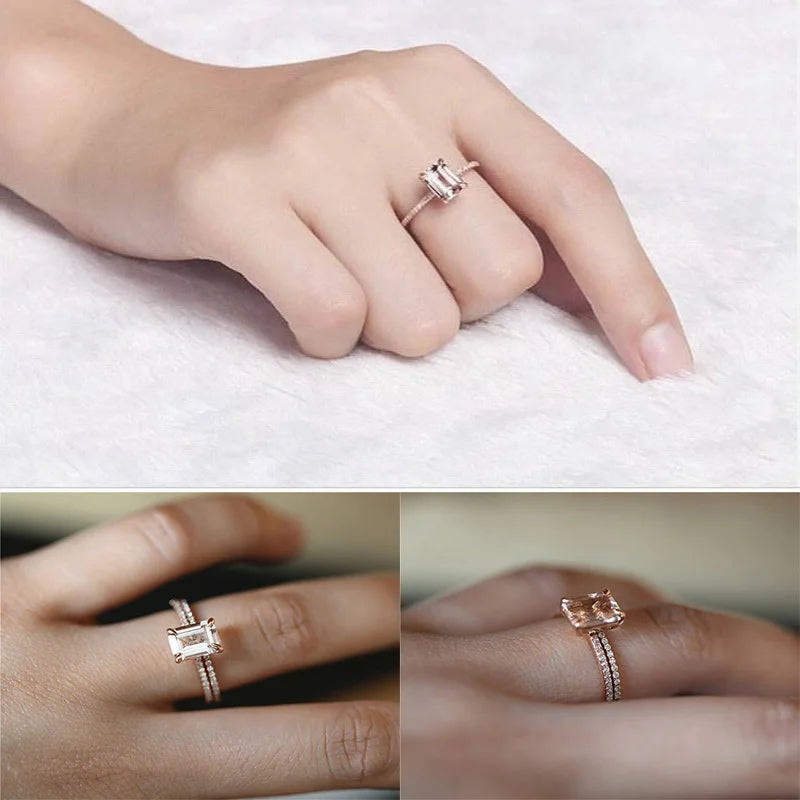 Set de 2 Anillos Bañados en Oro Rosa con Circonita Blanca – Boda y Compromiso