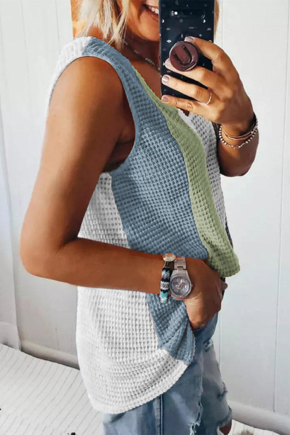 Top Sin Mangas de Punto Waffle con Color Block y Cuello V – Mujer