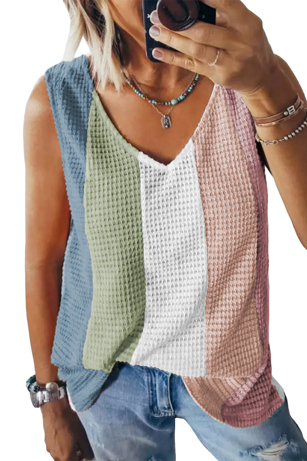 Top Sin Mangas de Punto Waffle con Color Block y Cuello V – Mujer
