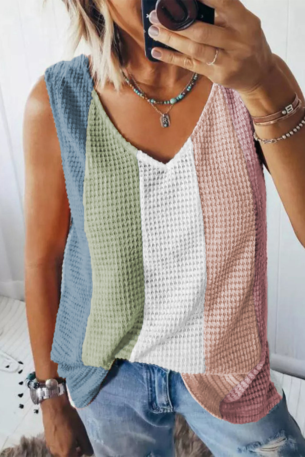 Top Sin Mangas de Punto Waffle con Color Block y Cuello V – Mujer