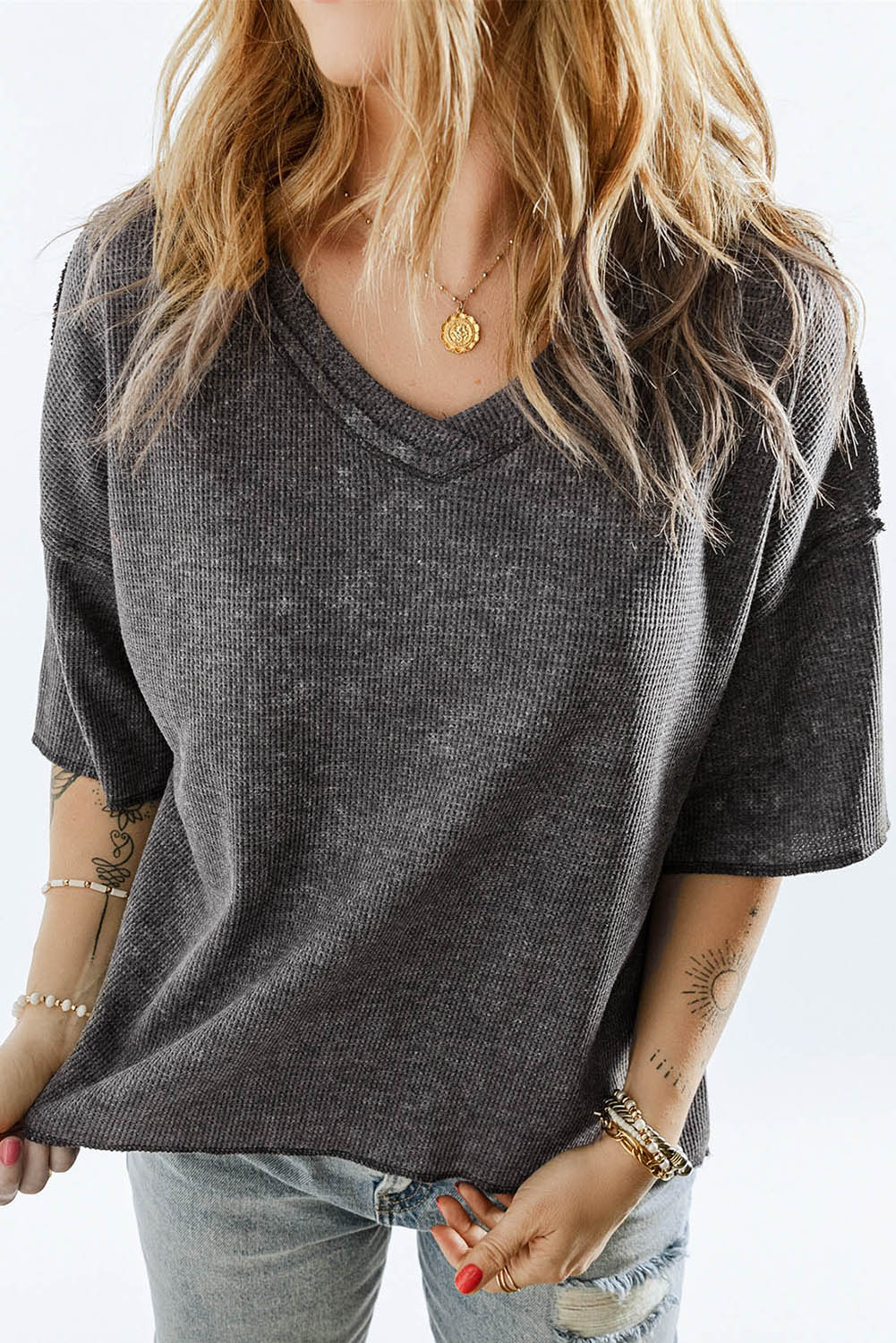 Gray Waffle Knit Seamed Half Sleeve V Neck Top